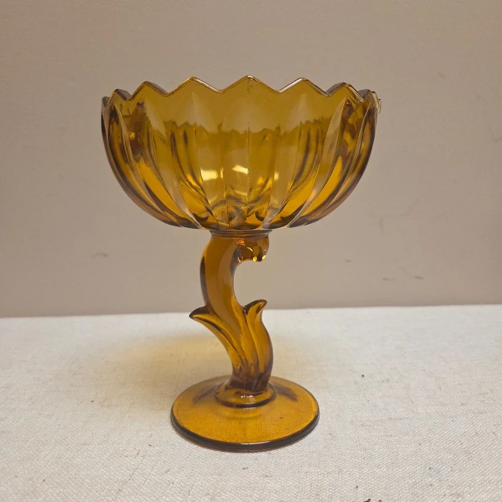 Vintage Amber Glass Compote Dish Pedestal Scalloped Rim Candy Bowl
